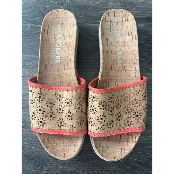 Jack Rogers Shoes - Jack Rogers Cork Platform Slide Sandals Coral Whipstitch Floral Perforated 7.5M